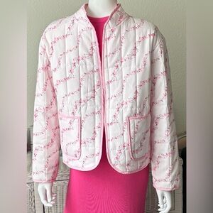 Sweet Generis Quilted Puffer Jacket Buttonless Floral in Pink White Size L NWOT